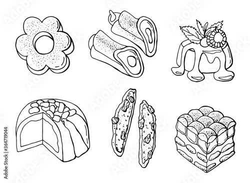 Linear set of Italian desserts. Tiramisu, Panna Cotta, Cannoli, Biscotti, Zuccotto, Canestrelli. White background, isolate. Stock illustration.