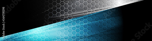 Black and blue tech glossy banner with honeycomb texture. Geometric abstract vector background