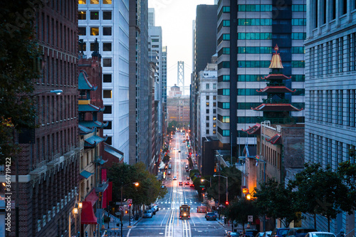 Downtown San Francisco with cable car on California Street at dawn, San Francisco, California, USA