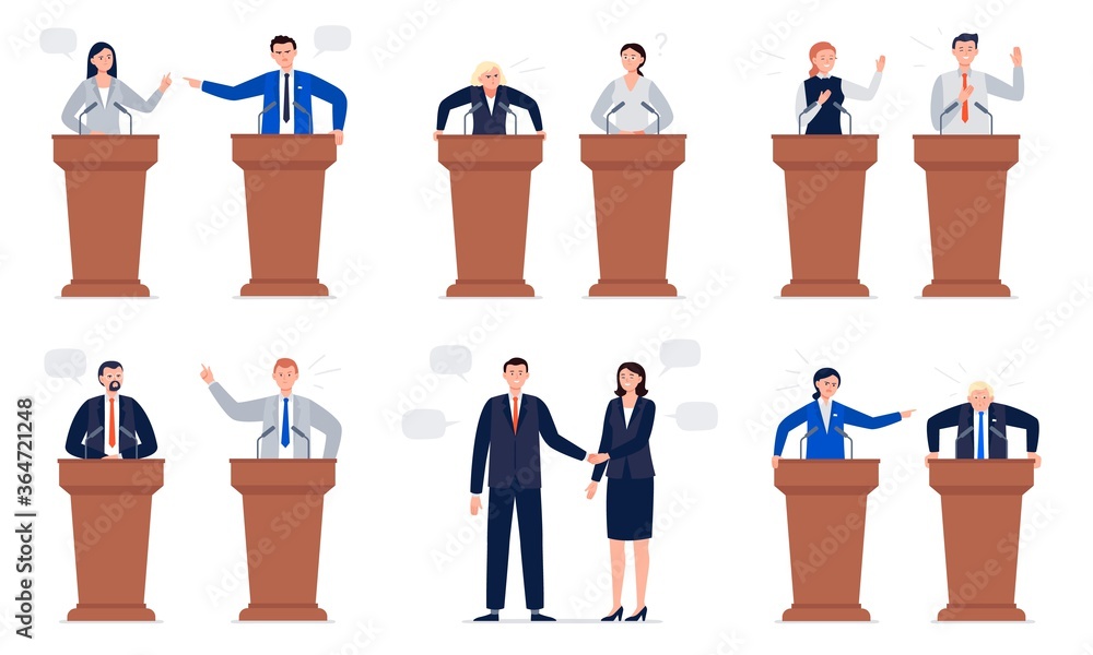 Set of female and male politicians with different emotions. Politicians shaking hands, smiling, shouting, debate. Public debate concepts. Vector character in cartoon style. - obrazy, fototapety, plakaty 