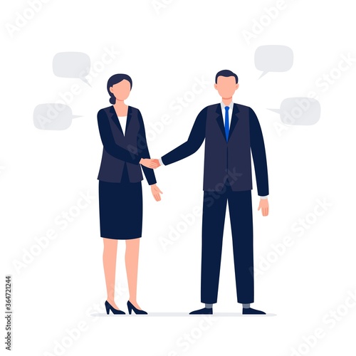 Two candidates shaking hands. Man and woman in official suits have a business meeting. Flat vector illustration.