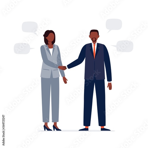 An African-American man and woman are shaking hands. Two politicians in official suits have a business meeting. Flat vector illustration.
