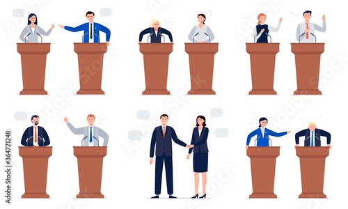 Set of female and male politicians with different emotions. Politicians shaking hands, smiling, shouting, debate. Public debate concepts. Vector character in cartoon style. photo