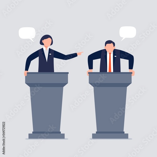 A woman and man taking part in debates. Pair of government workers talking to each other, discussing problems, or having a dispute. Flat vector illustration.