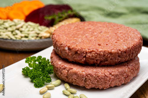 Source of fibre plant based vegan soya protein burgers, meat free healthy food