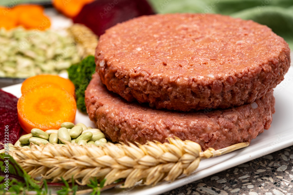 Source of fibre plant based vegan soya protein burgers, meat free healthy food Source of fibre plant based vegan soya protein burgers, meat free healthy food