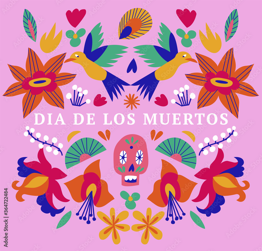 Vector illustration banner with mexican flowers for Day of the dead, Dia de los moertos. Fiesta, holiday poster, party flyer.