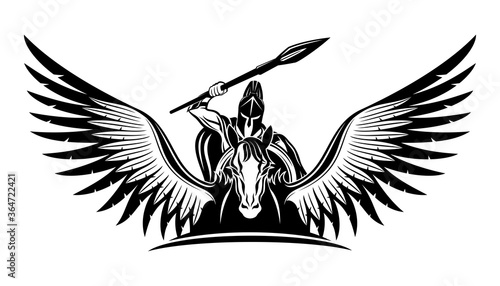Ancient warrior with a spear and a shield riding a Pegasus.