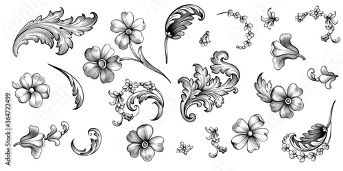 Vintage spring flower summer Baroque Victorian frame border floral ornament scroll leaf engraved retro pattern decorative design tattoo black and white filigree calligraphic vector
