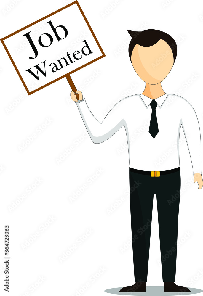 Vector illustration of a man lost his job. Trying to find new job. Staiyng with cardbord. Flat style Vector illustration of a man lost his job. Trying to find new job. Staiyng with cardbord. Flat style