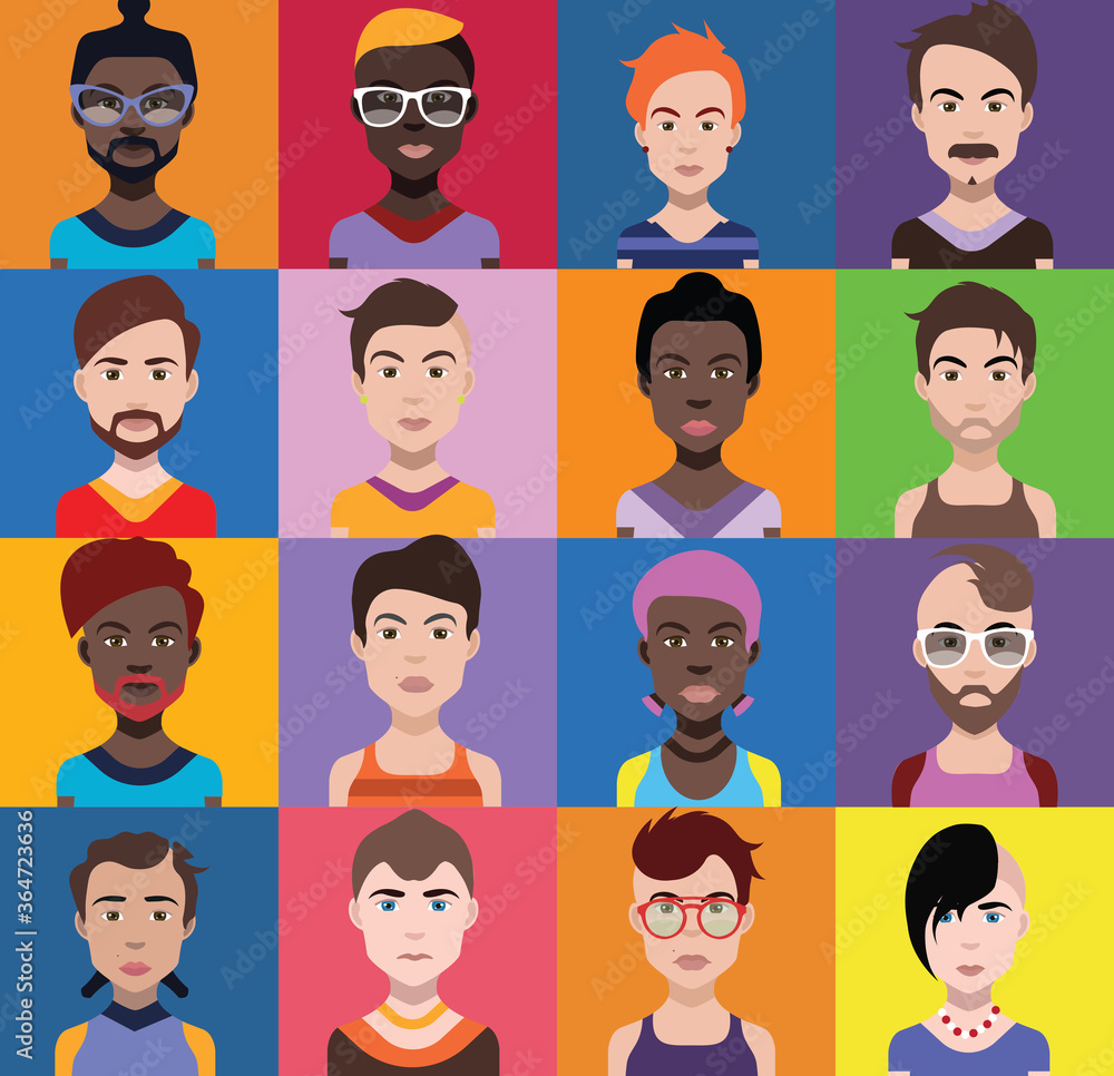 Set of people icons in flat style with faces. Vector women, men with color background Set of people icons in flat style with faces. Vector women, men with color background