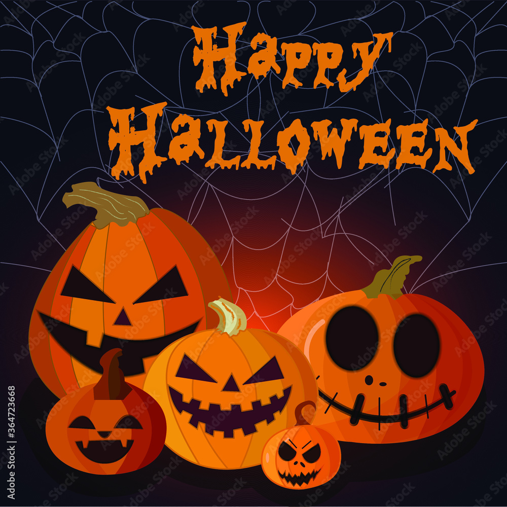Vector illustrarion to Halloween. Orange pumpkins with scary faces. Text title Vector illustrarion to Halloween. Orange pumpkins with scary faces. Text title