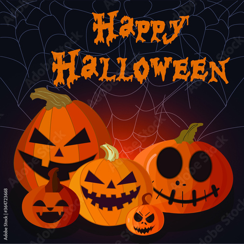 Vector illustrarion to Halloween. Orange pumpkins with scary faces. Text title