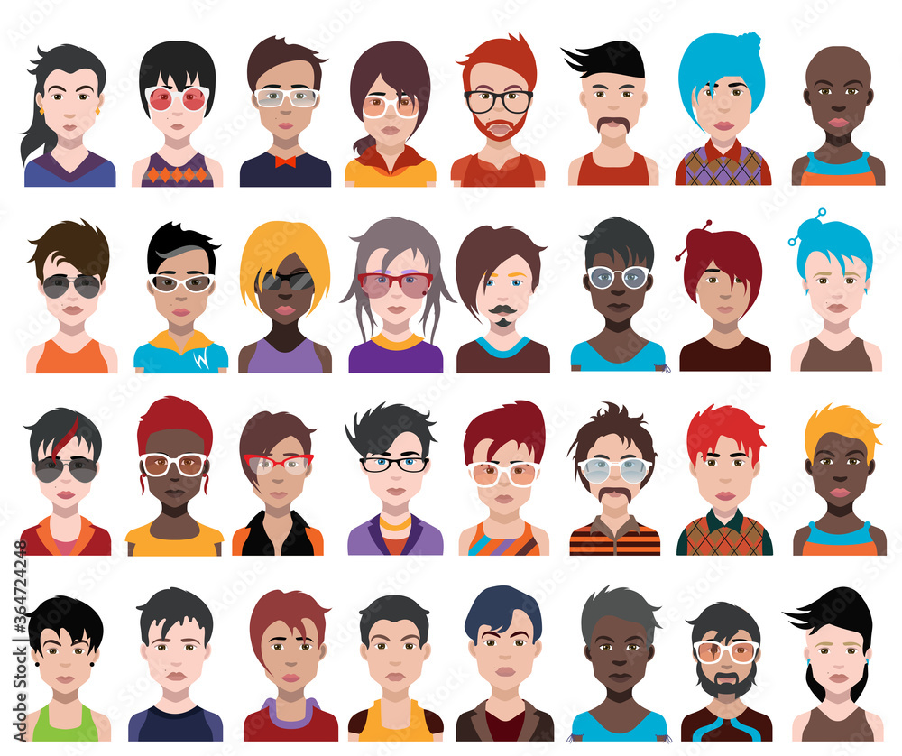 Set of people icons in flat style with faces. Vector women, men with color background Set of people icons in flat style with faces. Vector women, men with color background