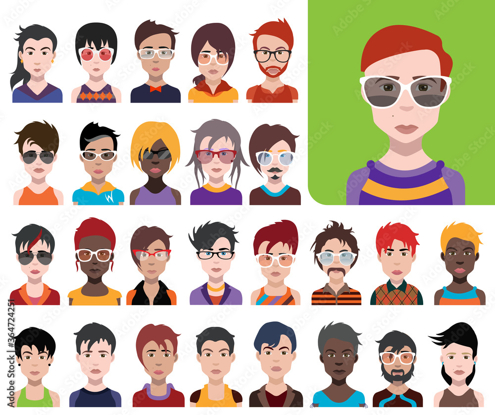 Set of people icons in flat style with faces. Vector women, men with color background Set of people icons in flat style with faces. Vector women, men with color background