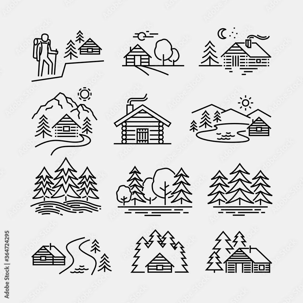 © SimonP - Log Cabin in Forest Vector Line Icons © SimonP - Log Cabin in Forest Vector Line Icons