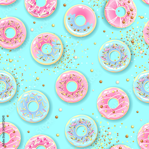 Seamless pattern of colorful sweet donuts. Junk food background photo