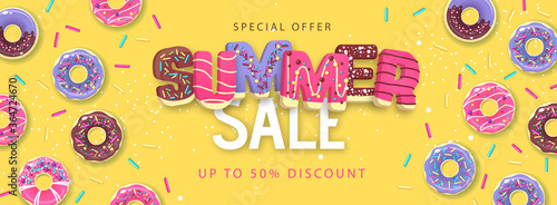 Colorful summer big sale poster with sweet donuts. Summertime background. Junk food background. Typography design
