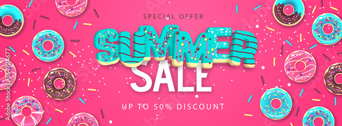 Colorful summer big sale poster with sweet donuts. Summertime background. Junk food background. Typography design