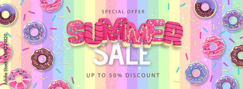 Colorful summer big sale poster with sweet donuts on rainbow background. Summertime background. Junk food background. Typography design