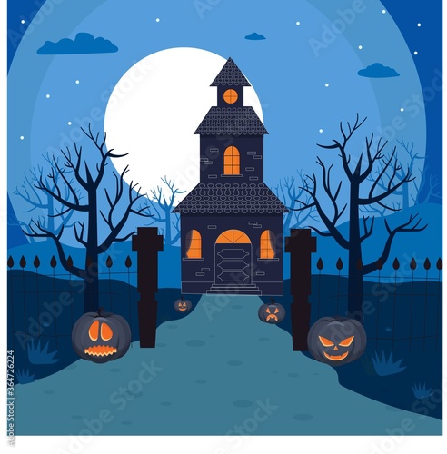 Scary Halloween background with mistery old house, trees, moonlight and pumpkins with horor faces stock vector illustration
