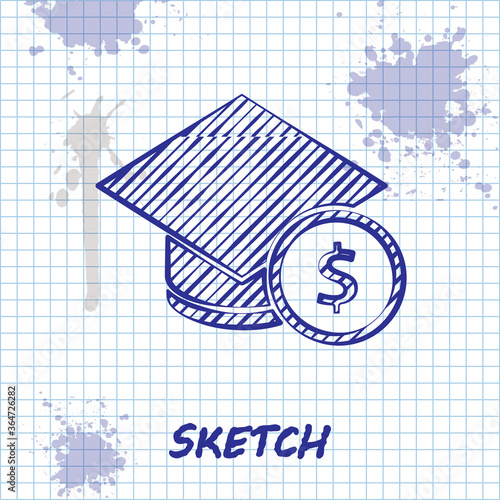 Sketch line Graduation cap and coin icon isolated on white background. Education and money. Concept of scholarship cost or loan, tuition or study fee. Vector..