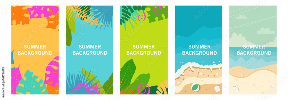 Set of  backgrounds, social media stories design templates with space for text - summer landscape. Summer vector illustration - vacation concept for banner, greeting card, poster and advertising ets.