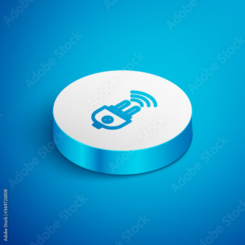 Isometric line Smart electric plug system icon isolated on blue background. Internet of things concept with wireless connection. White circle button. Vector.