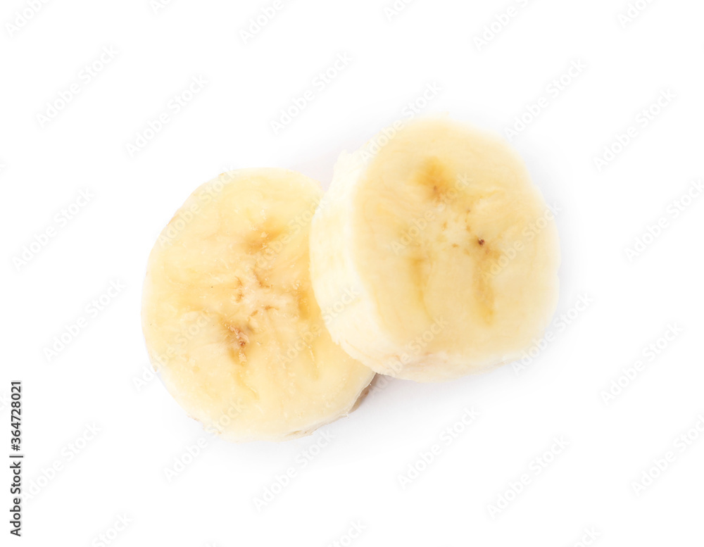 Pieces of tasty ripe banana isolated on white, top view Pieces of tasty ripe banana isolated on white, top view