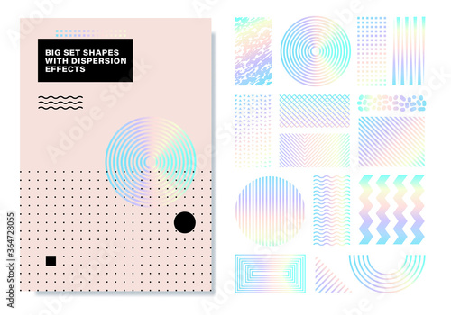 Set of shapes with dispersion effect. Colorful geometric rainbow shapes for create trendy placards, brochures, retro art, posters, covers and banners in memphis and hipster style. Vector illustration