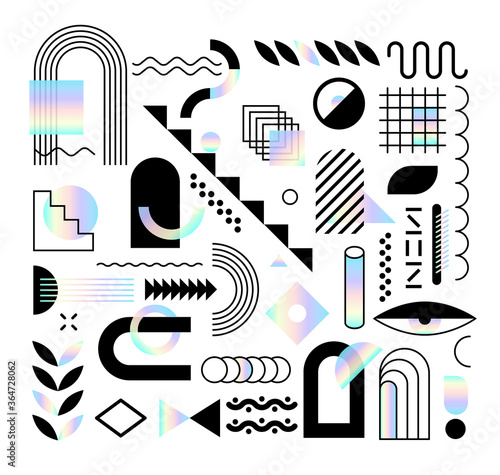 Set of abstract trendy design elements and shapes with dispersion effect. Colorful rainbow shapes for create placards, brochures, retro art, posters, covers and banners in memphis and hipster style.