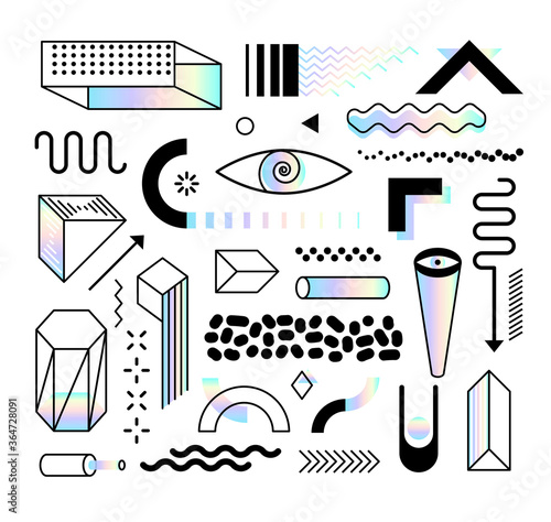 Set of abstract trendy design elements and shapes with dispersion effect. Colorful rainbow shapes for create placards, brochures, retro art, posters, covers and banners in memphis and hipster style.