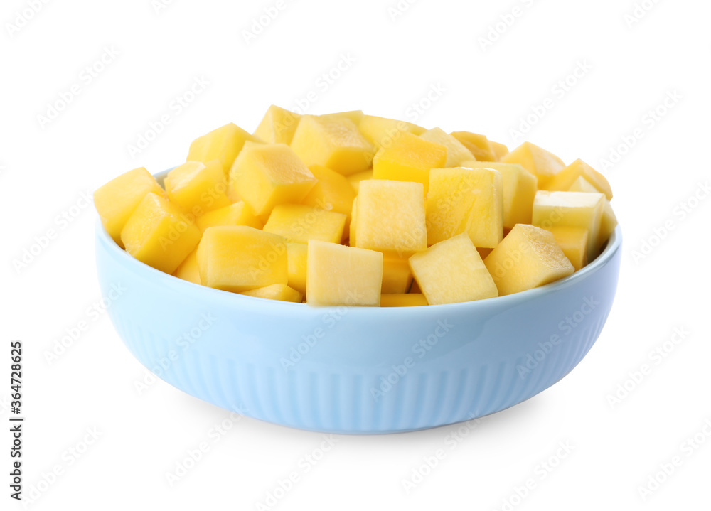 Tasty mango cubes in ceramic bowl isolated on white Tasty mango cubes in ceramic bowl isolated on white