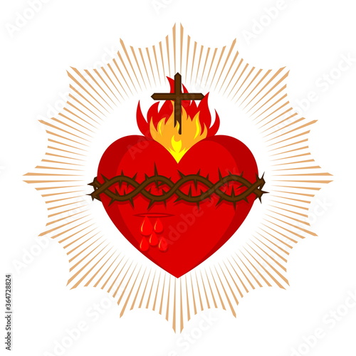 Sacred Heart of Jesus Christ, Lord and Savior of the world. Cross in the flame of the Holy Spirit, crown of thorns and holy blood.