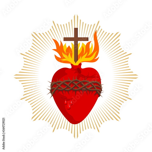 Sacred Heart of Jesus Christ, Lord and Savior of the world. Cross in the flame of the Holy Spirit, crown of thorns and holy blood.
