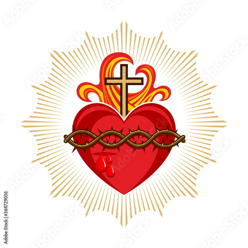 Sacred Heart of Jesus Christ, Lord and Savior of the world. Cross in the flame of the Holy Spirit, crown of thorns and holy blood.