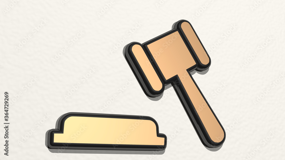 JUSTICE HAMMER from a perspective on the wall. A thick sculpture made of metallic materials of 3D rendering. law and illustration JUSTICE HAMMER from a perspective on the wall. A thick sculpture made of metallic materials of 3D rendering. law and illustration