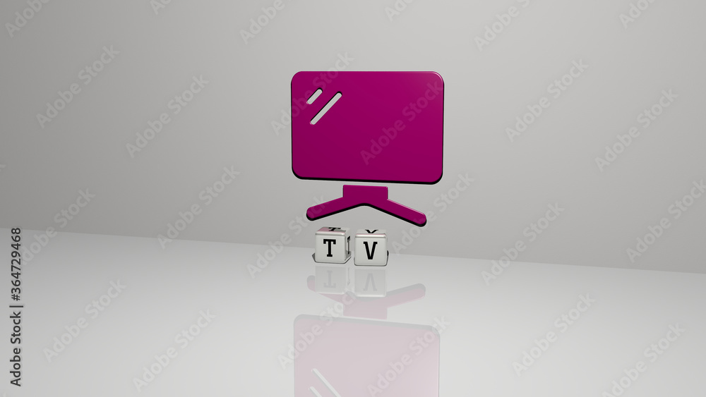 3D representation of tv with icon on the wall and text arranged by metallic cubic letters on a mirror floor for concept meaning and slideshow presentation. illustration and background 3D representation of tv with icon on the wall and text arranged by metallic cubic letters on a mirror floor for concept meaning and slideshow presentation. illustration and background