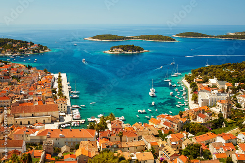 Port in Hvar town, Croatia. View from the fortress of Spanjola