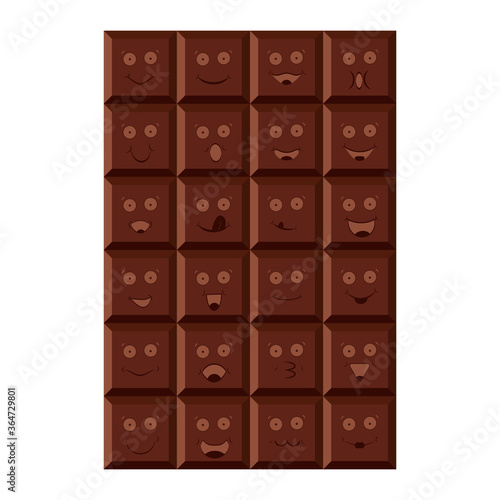 Dark chocolate slab and bar set with cartoon faces. Abstract vector illustration. Drawing on a white background.