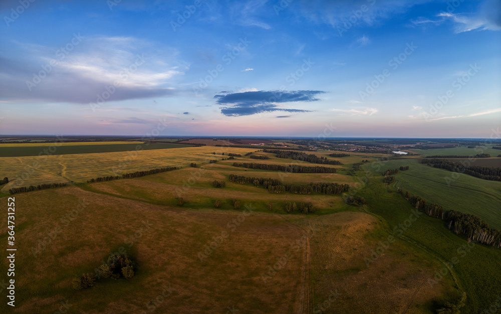 Obraz premium Top aerial view of green fields and meadows in evening summer