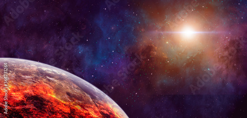 Fototapeta Naklejka Na Ścianę i Meble -  Space panoramic background. Cracked planet in colorful nebula. Elements furnished by NASA. 3D rendering
