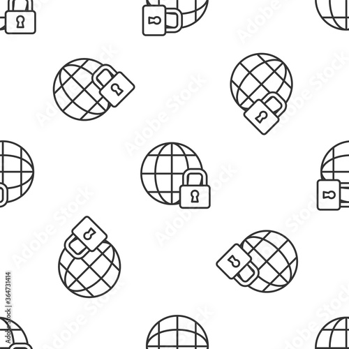 Grey line Global lockdown - locked globe icon isolated seamless pattern on white background. Vector.