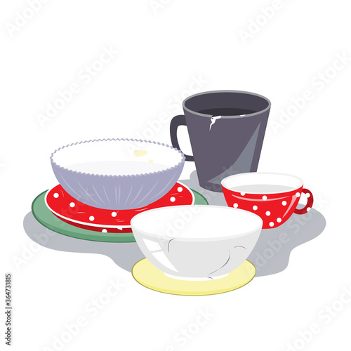 Ceramic plates, mugs, and bowls of different shape and color on a white background, vector illustration. Different tableware
