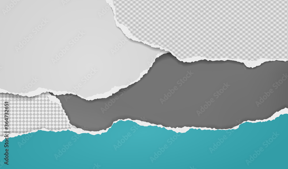 Pieces of torn and horizontal white squared and blue paper with soft shadow are on black background for text. Vector illustration Pieces of torn and horizontal white squared and blue paper with soft shadow are on black background for text. Vector illustration