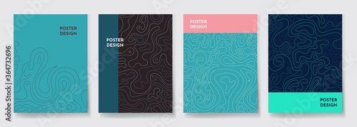 Vector illustration. Minimalist wavy pattern. Topographic style. Line art. Turquoise color. Design element for cover, poster, banner, flyer, magazine, brochure, invitation, greeting or business card