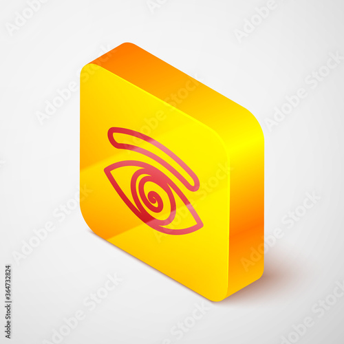 Isometric line Hypnosis icon isolated on grey background. Human eye with spiral hypnotic iris. Yellow square button. Vector.