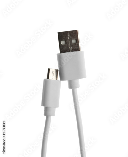 USB charge cable isolated on white, top view. Modern technology