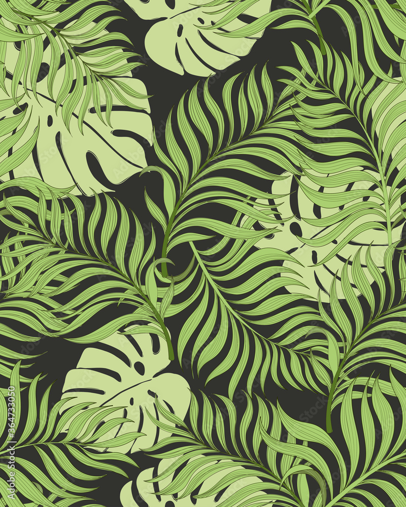 Fototapeta Tropical leaves vector pattern. summer botanical illustration for clothes, cover, print, illustration design. 