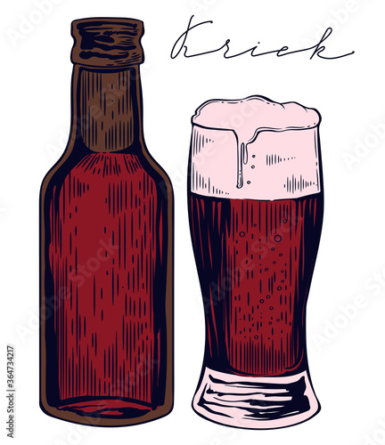 A bottle and a glass of cherry beer. Hand drawn vector